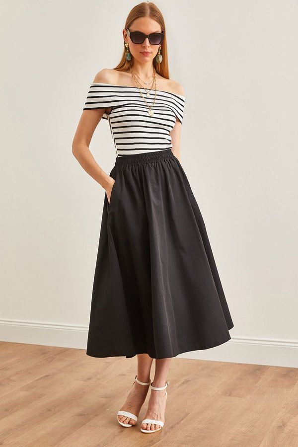 Olalook Olalook Women's Black Pocketed Elastic Waist Midi Woven Bell Skirt