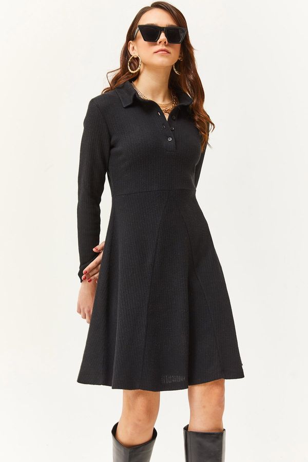 Olalook Olalook Women's Black Polo Collar Buttoned Mini Flared Dress