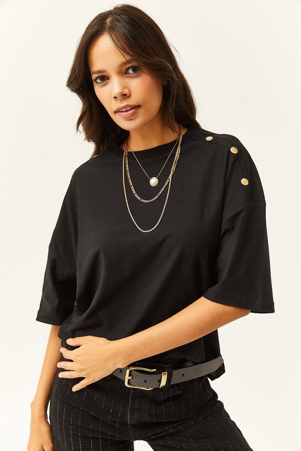 Olalook Olalook Women's Black Shoulder Gold Buttoned Cotton T-Shirt