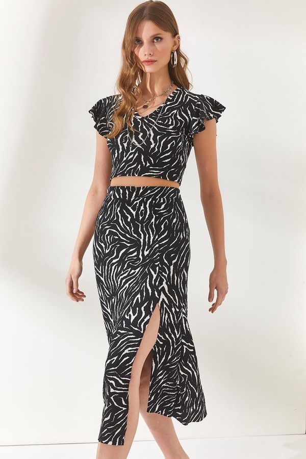 Olalook Olalook Women's Black Zebra Top Blouse Bottom Slit Skirt Suit