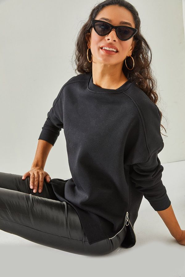 Olalook Olalook Women's Black Zipper Detail Inside Fleece Thick Sweatshirt