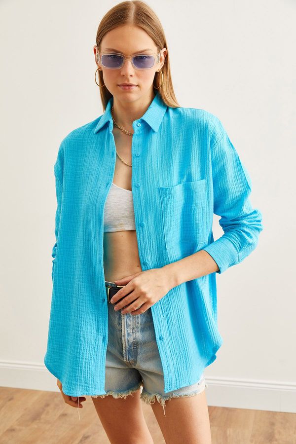 Olalook Olalook Women's Blue Oversize Basic Muslin Shirt