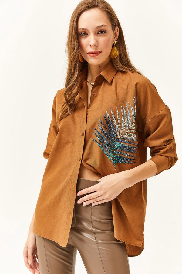 Olalook Olalook Women's Brown Palm Sequin Detailed Oversize Woven Poplin Shirt