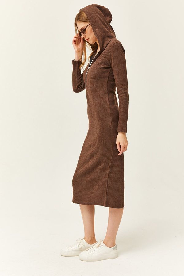 Olalook Olalook Women's Brown Zippered Hooded Thick Ribbed Midi Dress Elb- 19002028