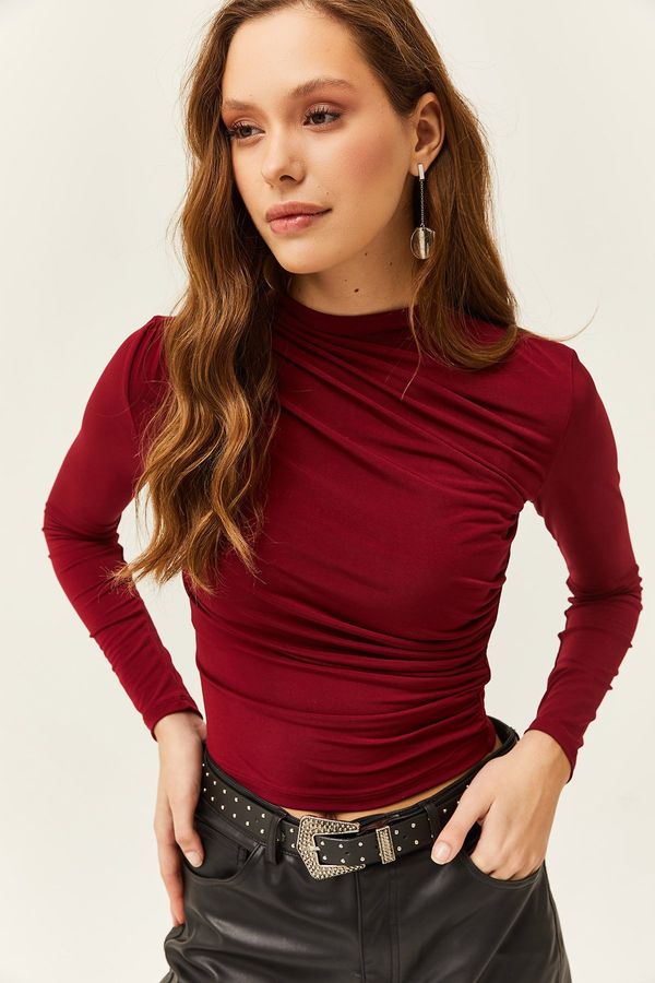 Olalook Olalook Women's Burgundy High Neck Gathered Detailed Lycra Blouse