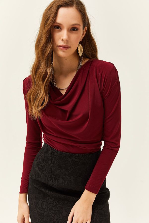 Olalook Olalook Women's Burgundy Waistband Pleated Turndown Collar Blouse