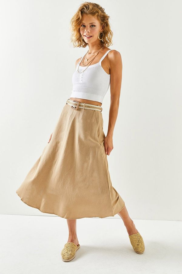 Olalook Olalook Women's Camel A-Line-Cut Midi Linen Skirt