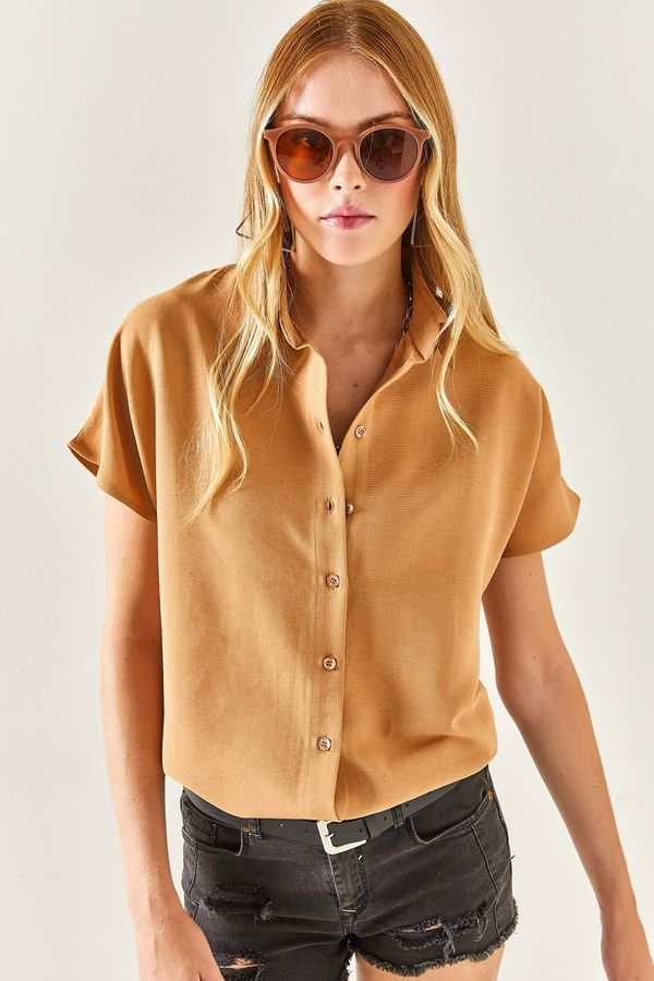 Olalook Olalook Women's Camel Bat Oversize Linen Shirt