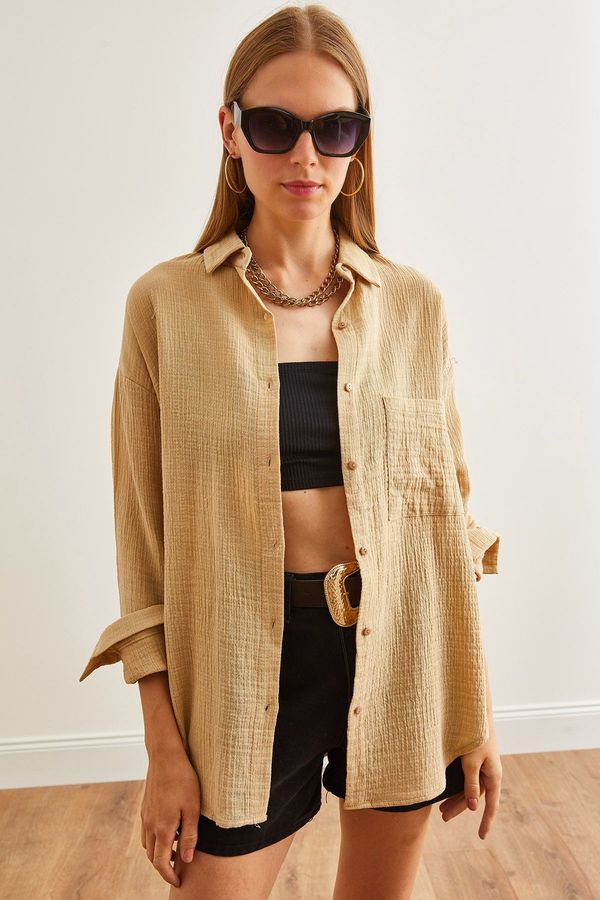 Olalook Olalook Women's Camel Oversize Basic Muslin Shirt