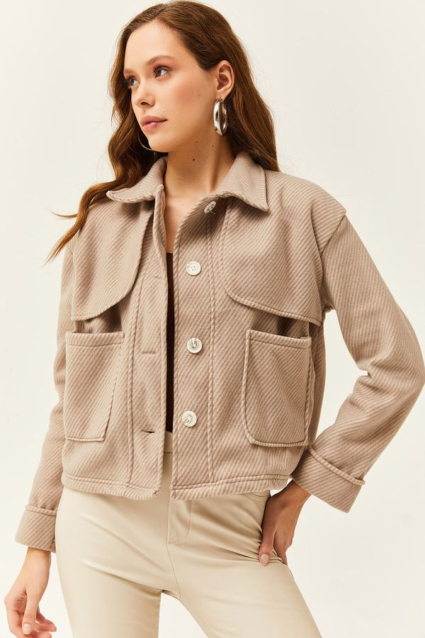 Olalook Olalook Women's Camel Pocket Buttoned Shoulder Detail Fleece Jacket