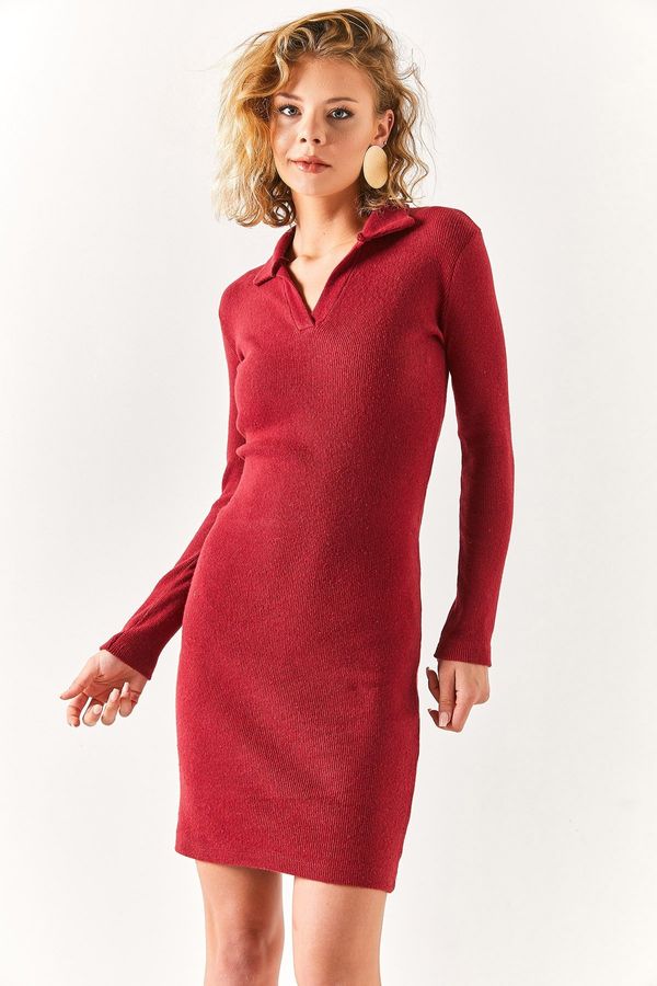 Olalook Olalook Women's Claret Red Polo Neck Lycra Raised Dress