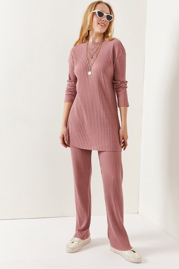 Olalook Olalook Women's Dusty Rose Top Slit Blouse Bottom Palazzo Corded Suit