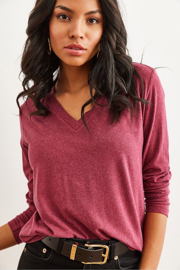 Olalook Olalook Women's Dusty Rose V Neck Wool Viscose Flowy Blouse