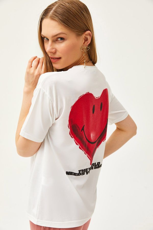 Olalook Olalook Women's Ecru Front Back Heart Printed T-Shirt