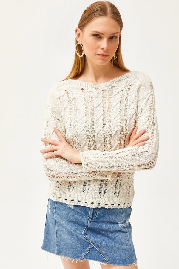 Olalook Olalook Women's Ecru Hair Knit Detail Seasonal Knitwear Blouse