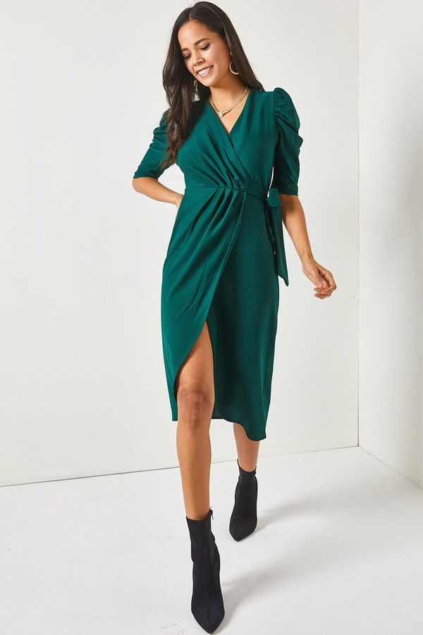 Olalook Olalook Women's Emerald Green Double Breasted Skirt, Wrapped Belted Dress