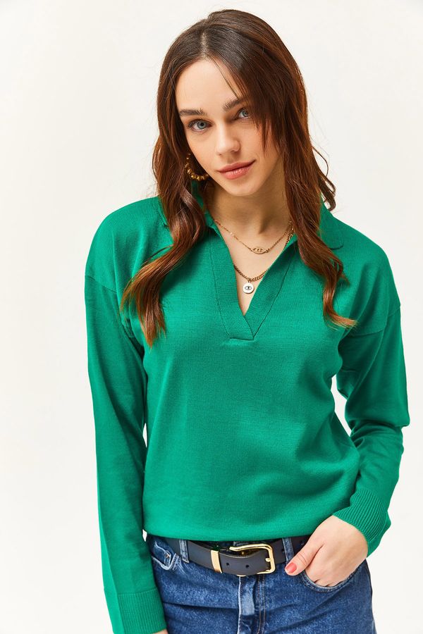 Olalook Olalook Women's Emerald Green Polo Neck Fine Knitwear Sweater