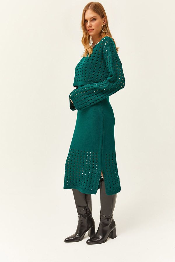 Olalook Olalook Women's Emerald Green Top Openwork Sweater Bottom Openwork Dress Knitwear Suit