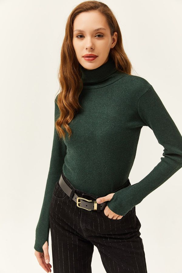 Olalook Olalook Women's Emerald Green Turtleneck Finger Detailed Lycra Blouse