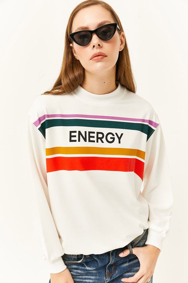 Olalook Olalook Women's Energy Ecru Printed Soft Textured Sweatshirt
