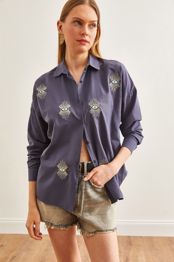 Olalook Olalook Women's Eye Anthracite Sequin Detailed Woven Boyfriend Shirt