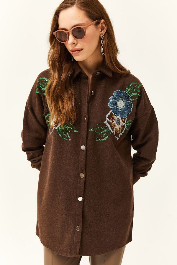 Olalook Olalook Women's Floral Dark Brown Stamp Detail Oversize Stamp Shirt