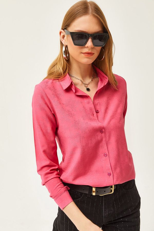 Olalook Olalook Women's Floral Fuchsia Jacquard Satin Detailed Woven Shirt