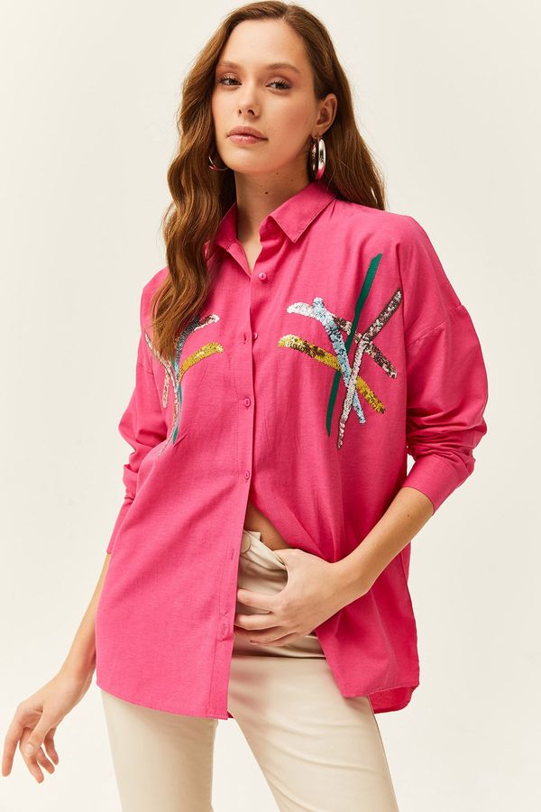 Olalook Olalook Women's Fuchsia Color Sequin Stick Woven Shirt