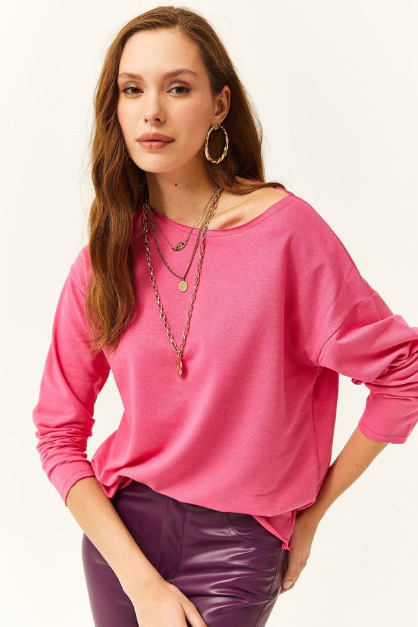 Olalook Olalook Women's Fuchsia Crew Neck Printed Soft Textured Thin Sweatshirt