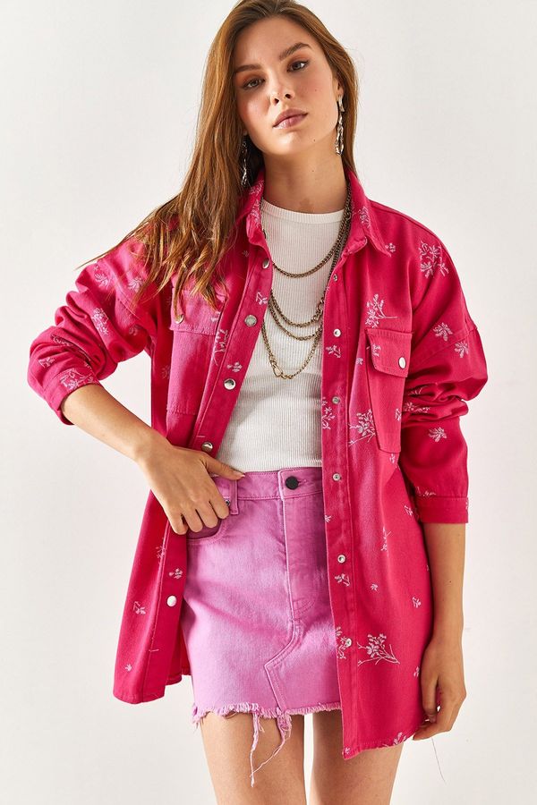 Olalook Olalook Women's Fuchsia Embroidered Oversized Cotton Shirt Jacket with Pocket