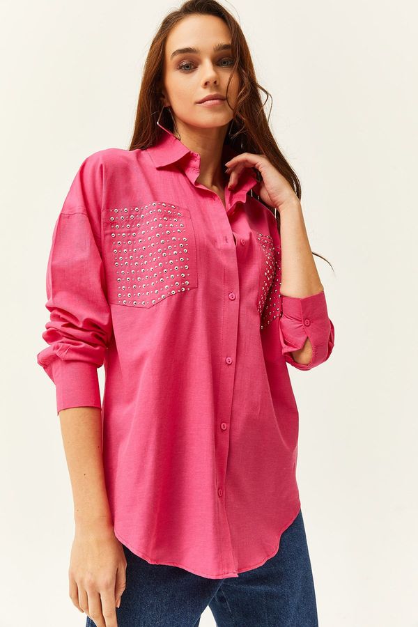 Olalook Olalook Women's Fuchsia Pocket & Staple Detailed Oversize Shirt