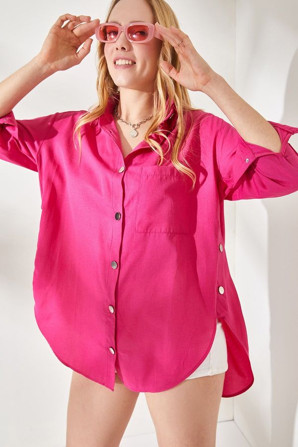 Olalook Olalook Women's Fuchsia Side Button Detailed Oversize Woven Shirt