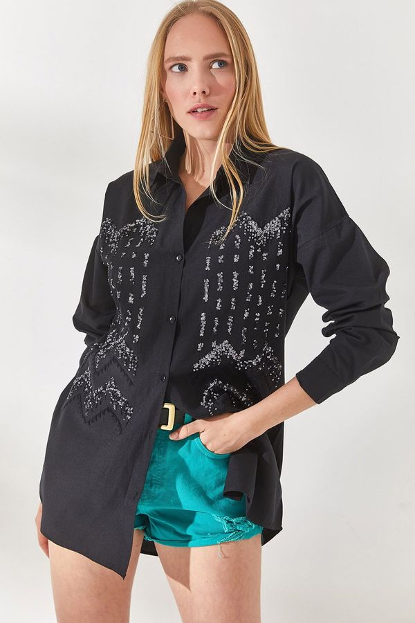 Olalook Olalook Women's Geometric Black Sequin Detailed Oversized Shirt