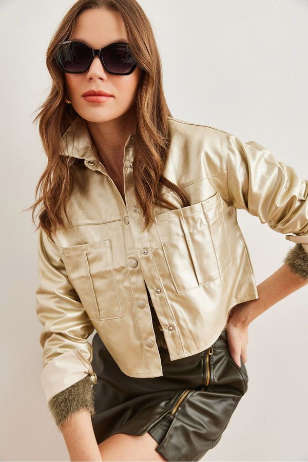 Olalook Olalook Women's Gold Double Pocket Leather Look Crop Jacket