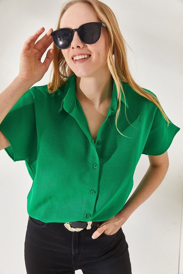 Olalook Olalook Women's Grass Green Bat Oversize Linen Shirt
