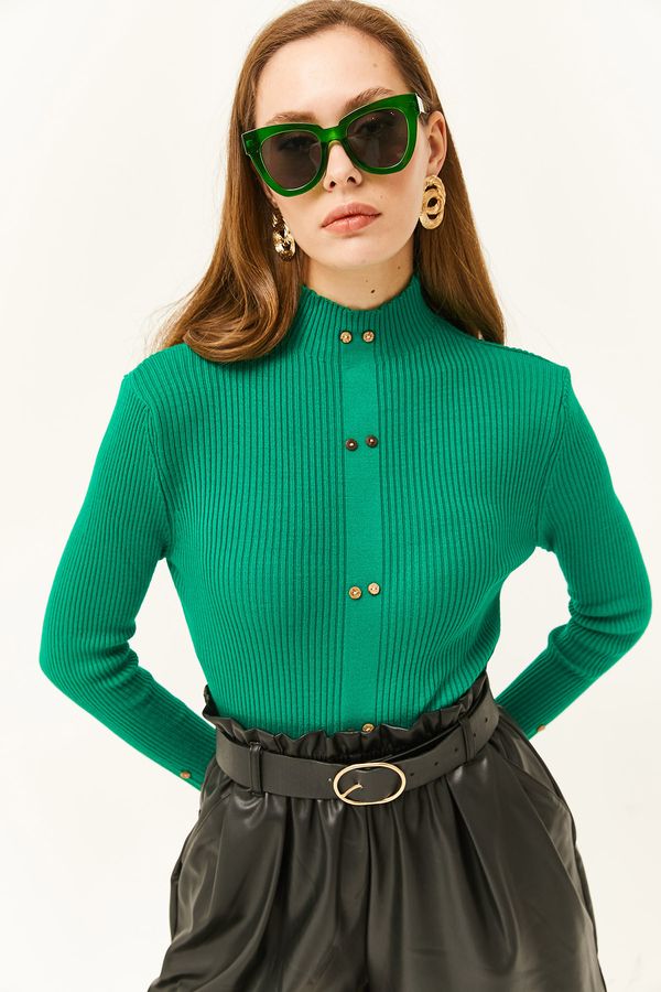 Olalook Olalook Women's Grass Green High Neck Button Garnished Lycra Knitwear Sweater