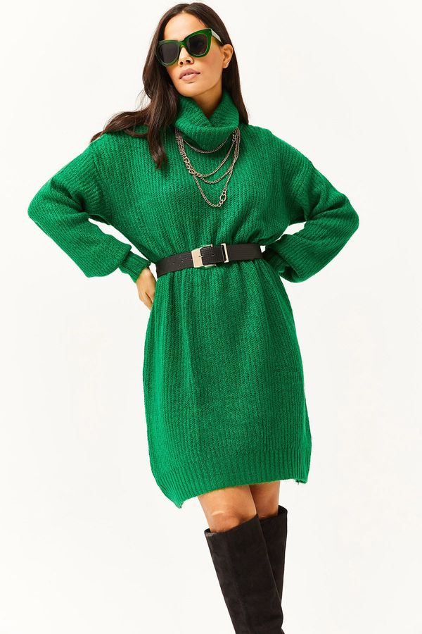 Olalook Olalook Women's Grass Green Turtleneck Soft Textured Knitwear Tunic Dress