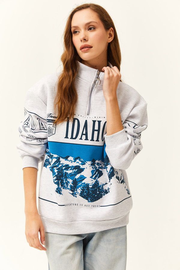 Olalook Olalook Women's Gray Melange Zippered High Collar Ribbed Oversize Sweatshirt