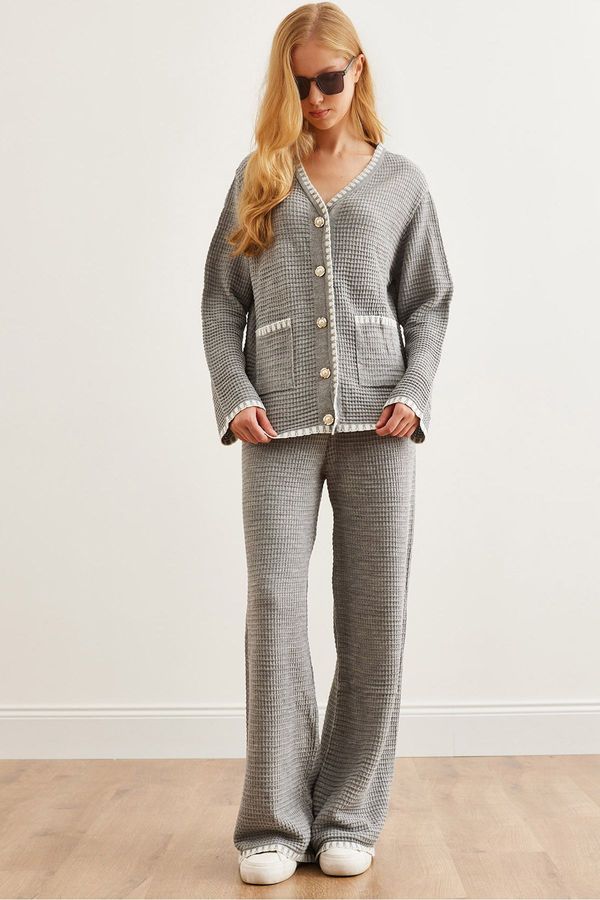 Olalook Olalook Women's Gray Piping Detailed Top Cardigan Bottom Trousers Knitwear Set