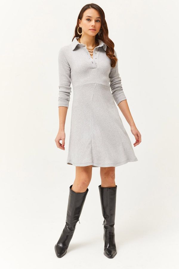 Olalook Olalook Women's Gray Polo Collar Buttoned Mini Flared Dress