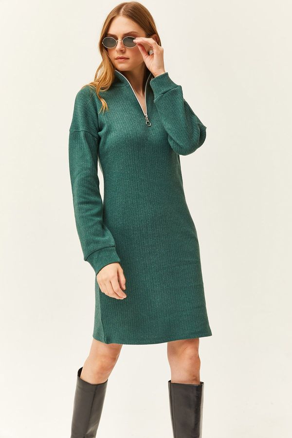 Olalook Olalook Women's Green High Neck Zippered Loose Dress