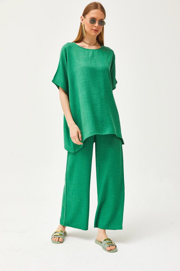 Olalook Olalook Women's Green Top Loose Blouse Bottom Pocket Palazzo Linen Content Suit