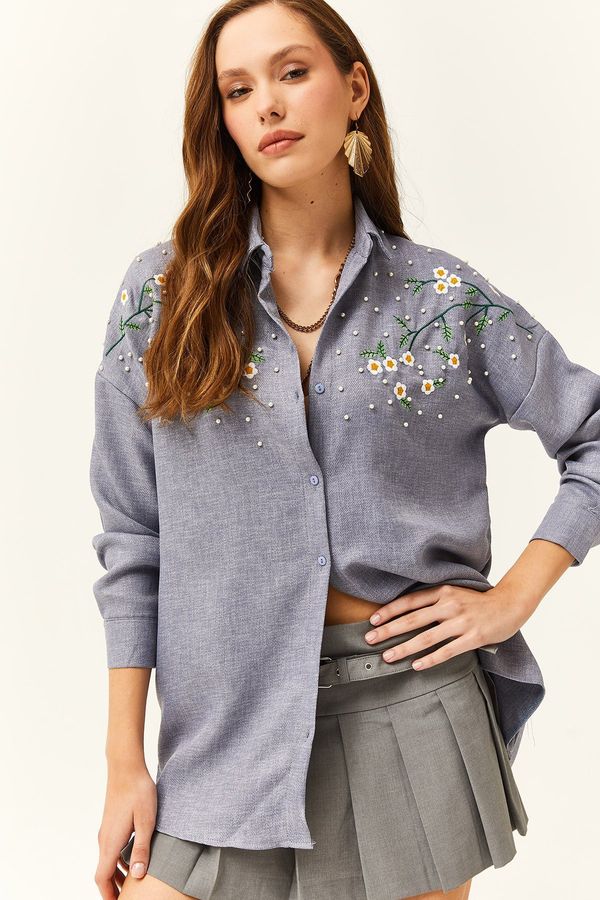 Olalook Olalook Women's Indigo Embroidered Pearl Wool Effect Oversize Winter Shirt
