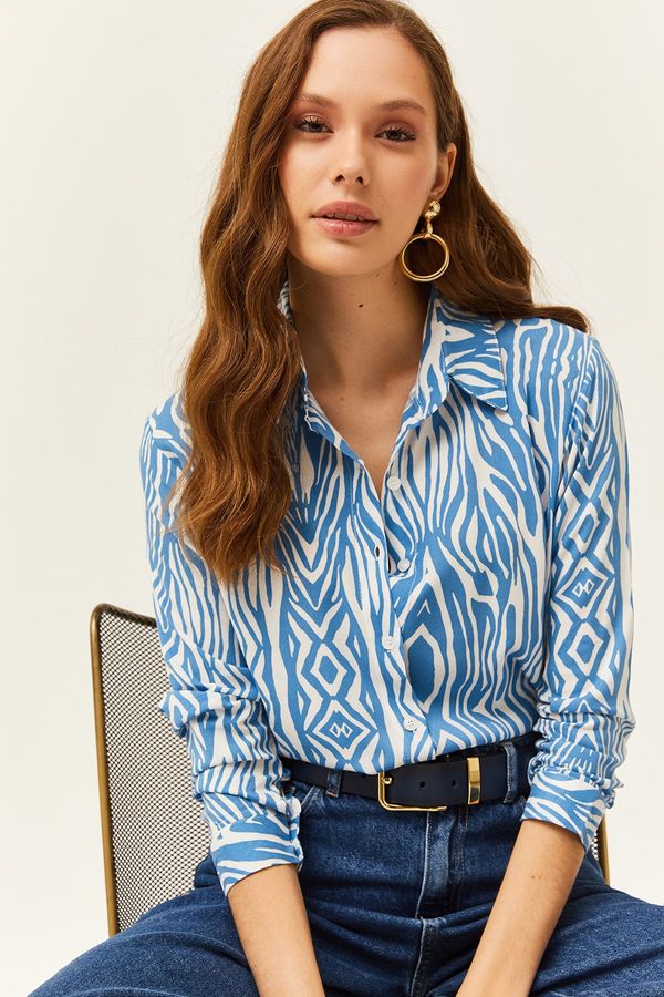 Olalook Olalook Women's Indigo Zebra Patterned Viscose Shirt