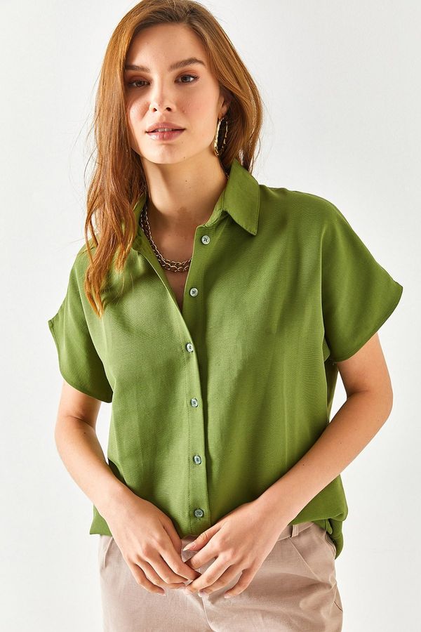 Olalook Olalook Women's Khaki Bat Oversized Linen Shirt