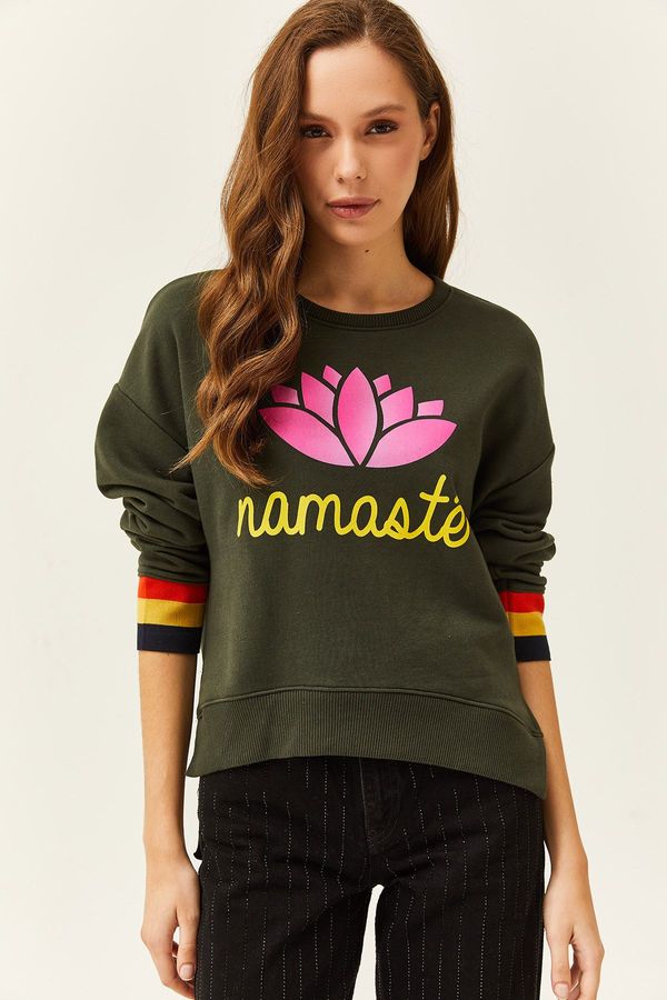 Olalook Olalook Women's Khaki Nameste Printed Premium Stripe Detailed Thick Sweatshirt