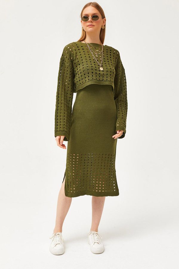 Olalook Olalook Women's Khaki Top Openwork Sweater Bottom Openwork Dress Knitwear Set