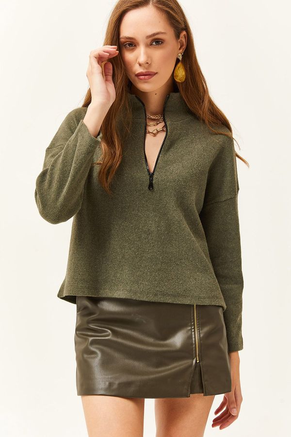 Olalook Olalook Women's Khaki Zipper High Neck Raised Sweater