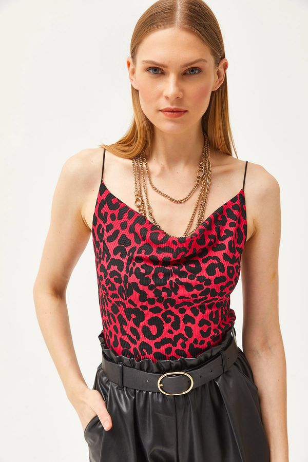 Olalook Olalook Women's Leopard Fuchsia Turndown Collar Rope Strappy Blouse