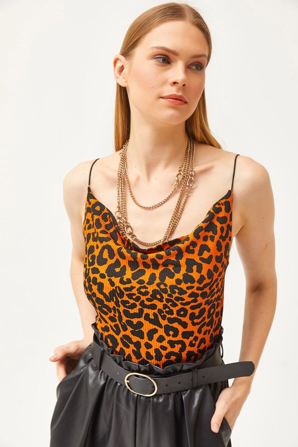 Olalook Olalook Women's Leopard Orange Turndown Collar Rope Strappy Blouse